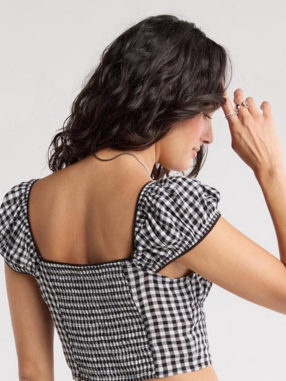 NWT Abound Black and White Gingham Puff Sleeve Cropped Top Size Small #gingham - Picture 2 of 7